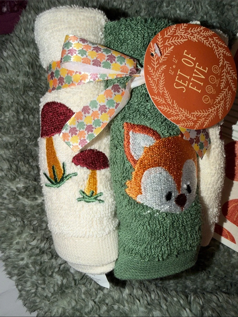 5 Fall Hand Towels w/Mushrooms & Fox! 2 Dish Cloth Sponges (pattern 2 vary)